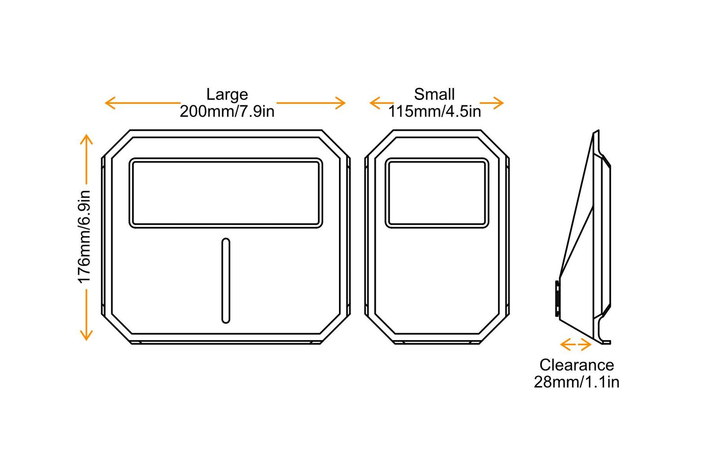 Dimensions of large and small trainer tray with clearance space on a white background