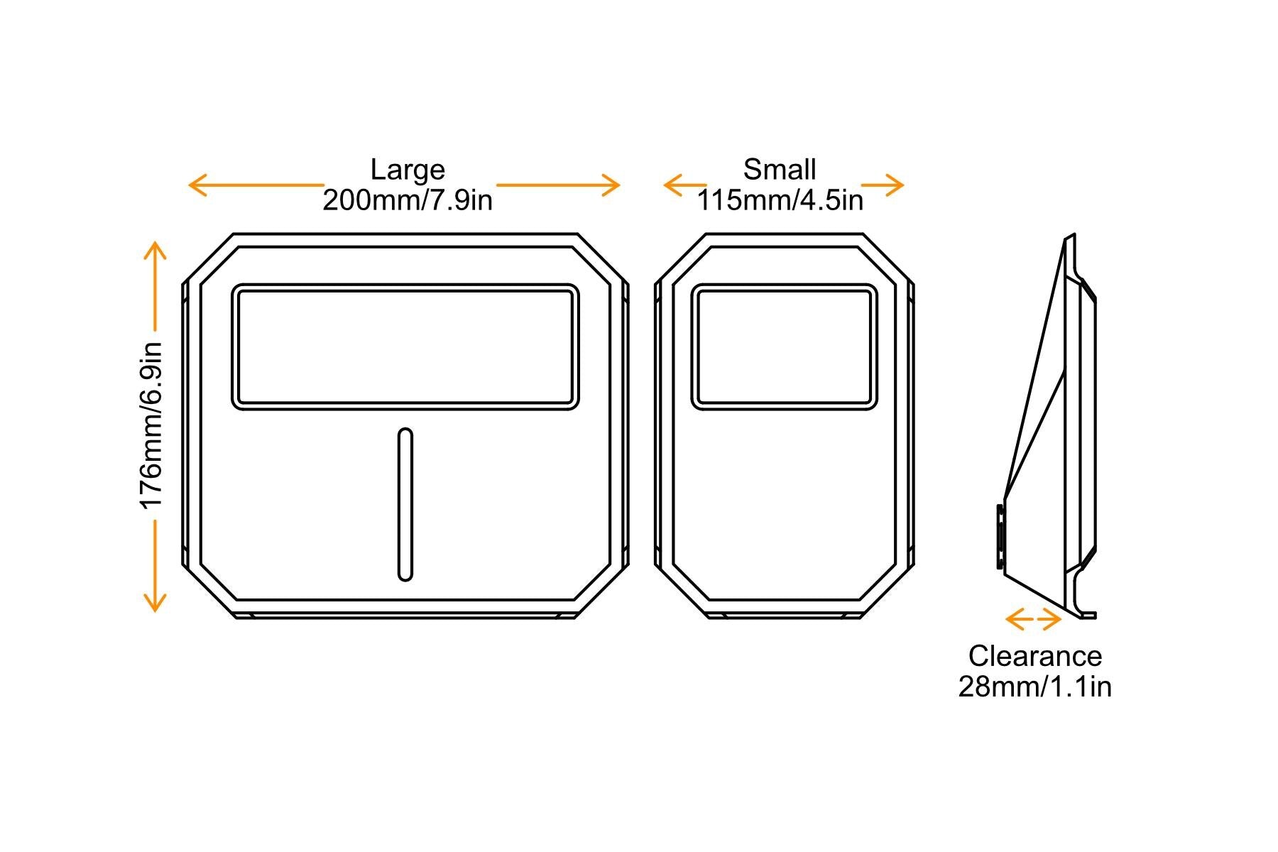 Dimensions of large and small trainer tray with clearance space on a white background