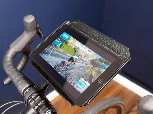 trainer tray with an ipad mini displaying zwift for indoor cycling